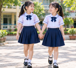 Đồng Phục Học Sinh Nữ Tiểu Học KN-TH05 – Áo Trắng Chân Váy Xếp Ly Thanh Lịch
