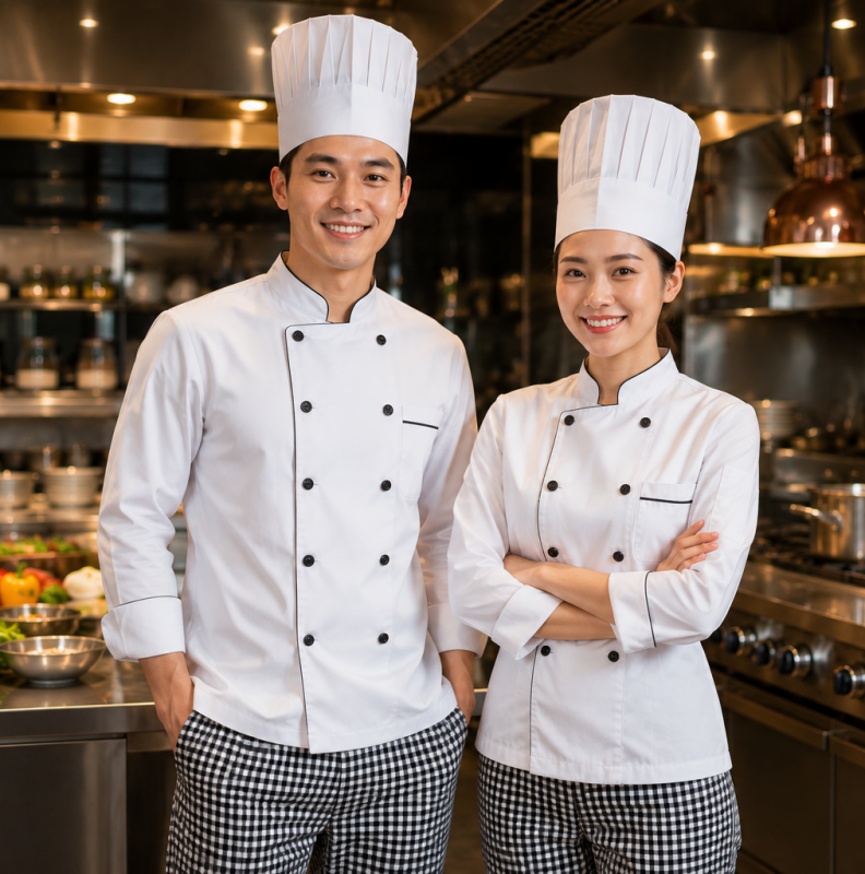 Đồng Phục Đầu Bếp KN-BEP01 – Chuyên Nghiệp, Sang Trọng, Thoải Mái Khi Làm Việc