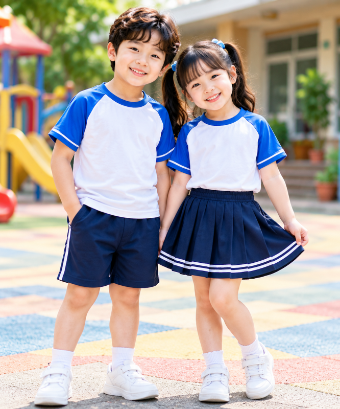Đồng Phục Mầm Non KN-MN03 – Áo Thun Cổ Tròn Phối Màu Xanh Năng Động